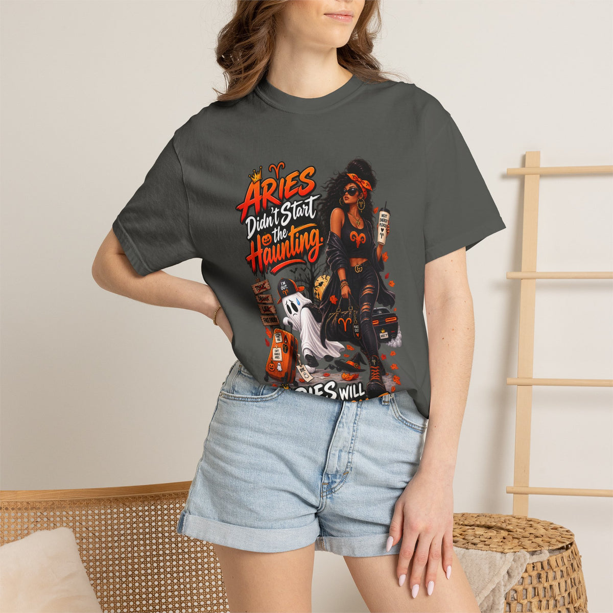 Aries Didn't Start The Haunting Aries Will Finish It Shirt, Funny Zodiac Halloween Tee