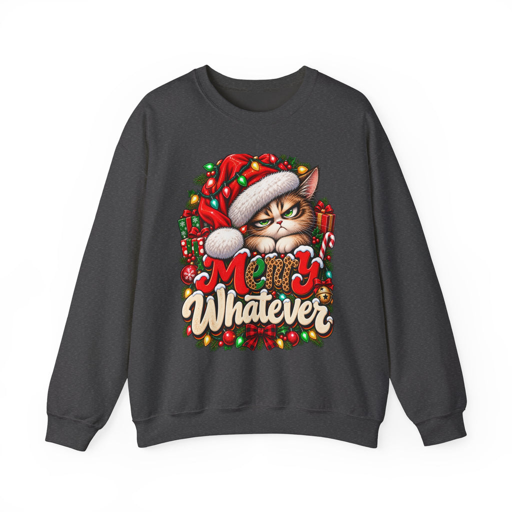 Merry Whatever Christmas Sweatshirt, Funny Grumpy Cat Holiday Crewneck