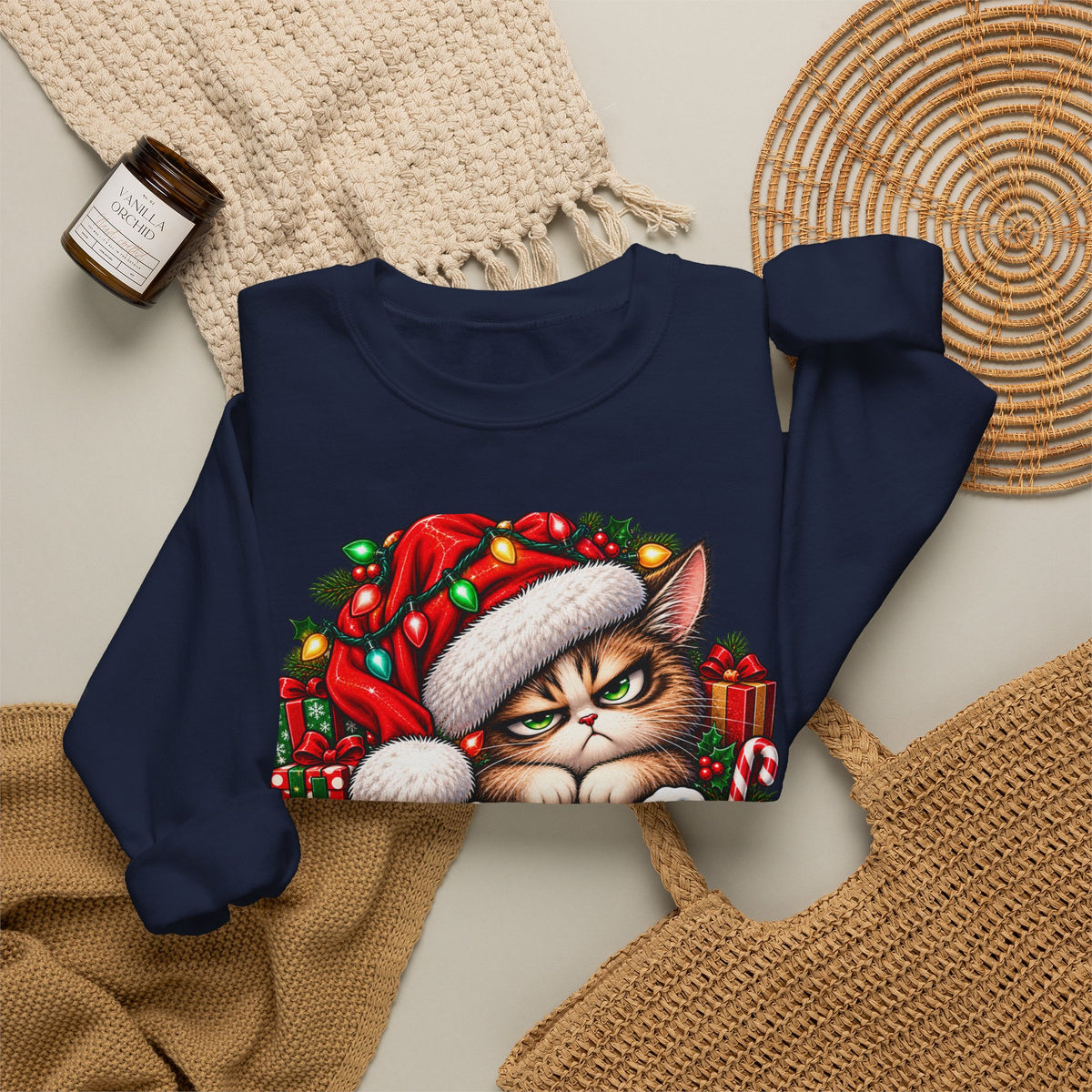 Merry Whatever Christmas Sweatshirt, Funny Grumpy Cat Holiday Crewneck