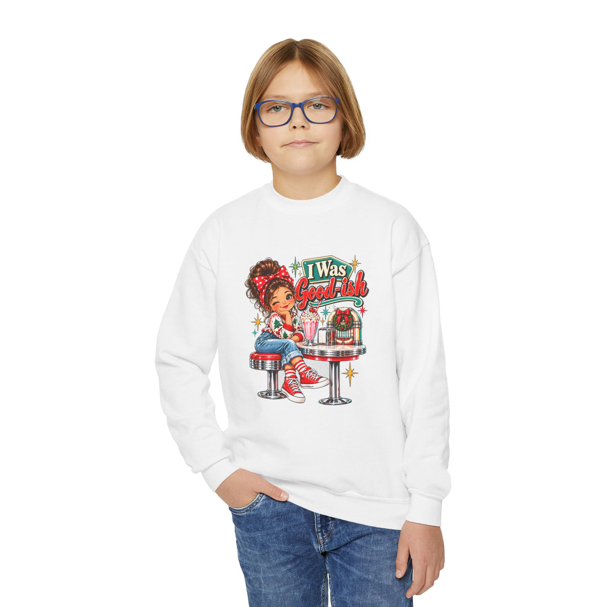 I Was Goodish Kids Christmas Sweatshirt-Retro Design