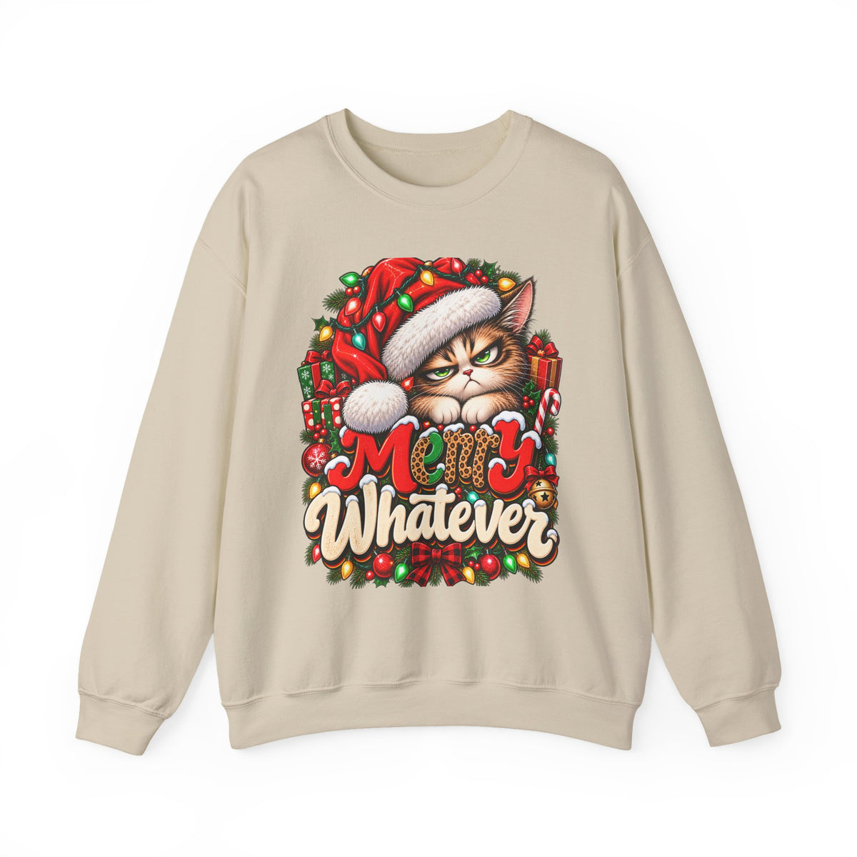 Merry Whatever Christmas Sweatshirt, Funny Grumpy Cat Holiday Crewneck