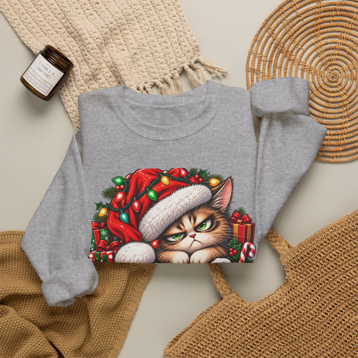 Merry Whatever Christmas Sweatshirt, Funny Grumpy Cat Holiday Crewneck
