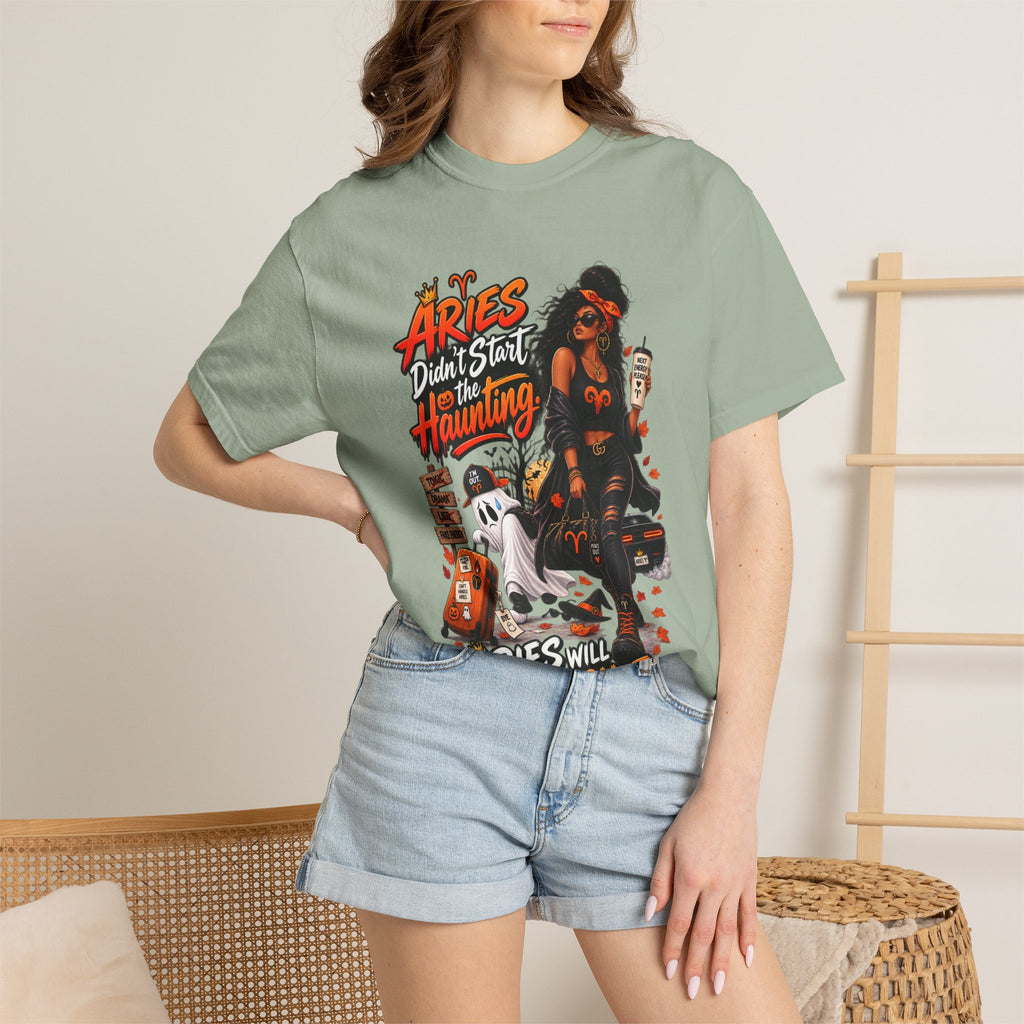 Aries Didn't Start The Haunting Aries Will Finish It Shirt, Funny Zodiac Halloween Tee