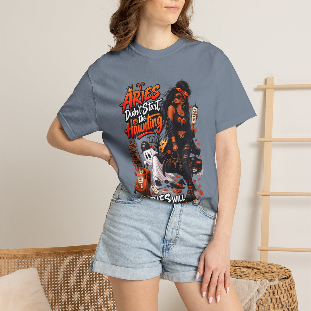 Aries Didn't Start The Haunting Aries Will Finish It Shirt, Funny Zodiac Halloween Tee