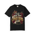 StatementCentralCo black crewneck t-shirt featuring a gold crown, cross, and floral More Than Conquerors graphic print.