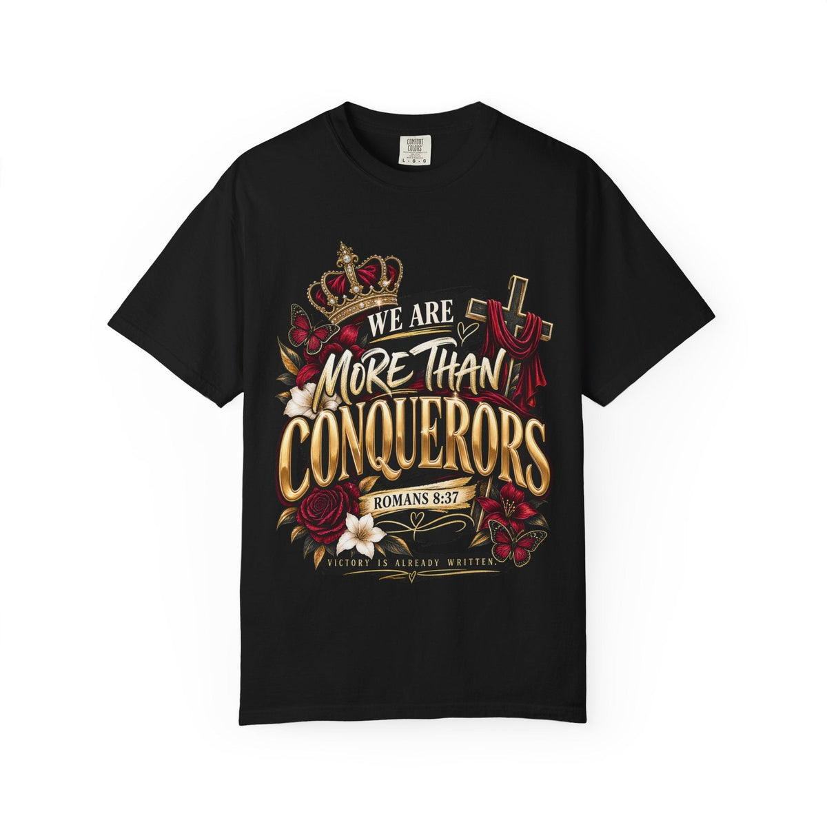 StatementCentralCo black crewneck t-shirt featuring a gold crown, cross, and floral More Than Conquerors graphic print.
