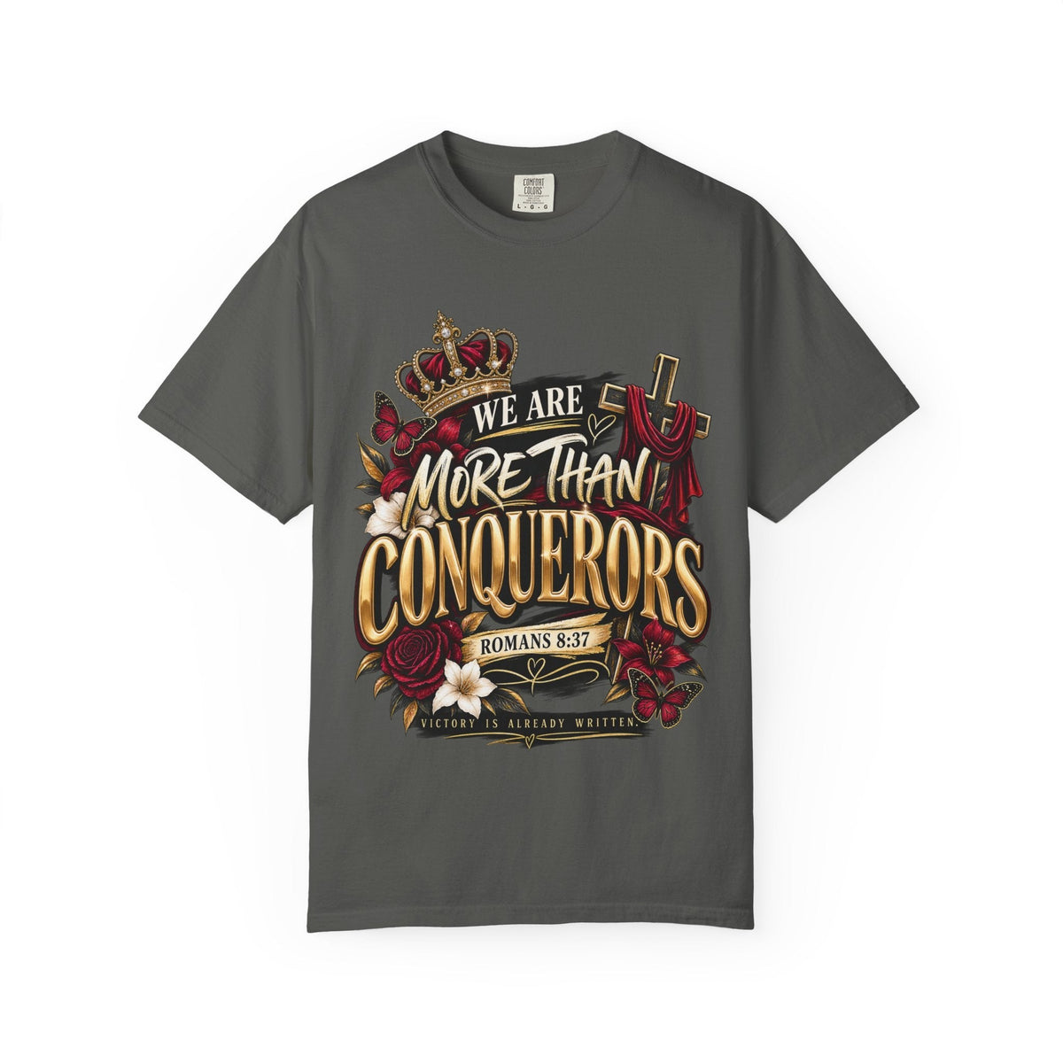 StatementCentralCo charcoal grey crewneck t-shirt featuring a gold crown, cross, and floral graphic design.