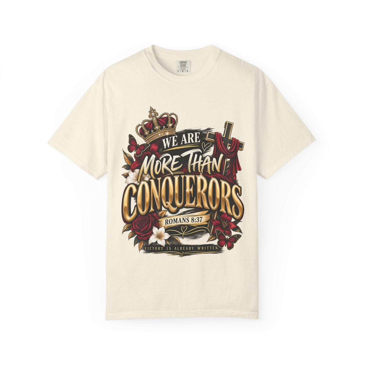StatementCentralCo cream crewneck t-shirt with a faith-inspired graphic featuring a crown, cross, and floral art.