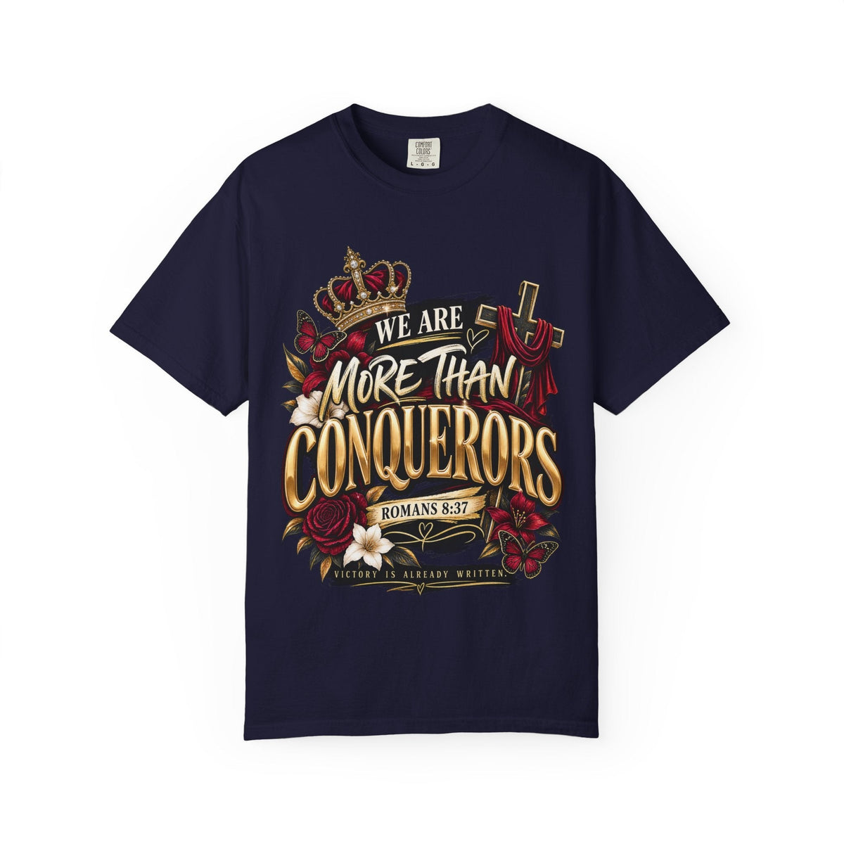 StatementCentralCo navy blue crewneck t-shirt featuring a gold crown, cross, and floral graphic with Romans 8:37 text.